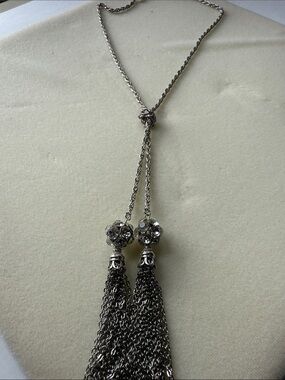 Silver Tassel Pendant Necklace with Crystal Accents - Women's Jewelry